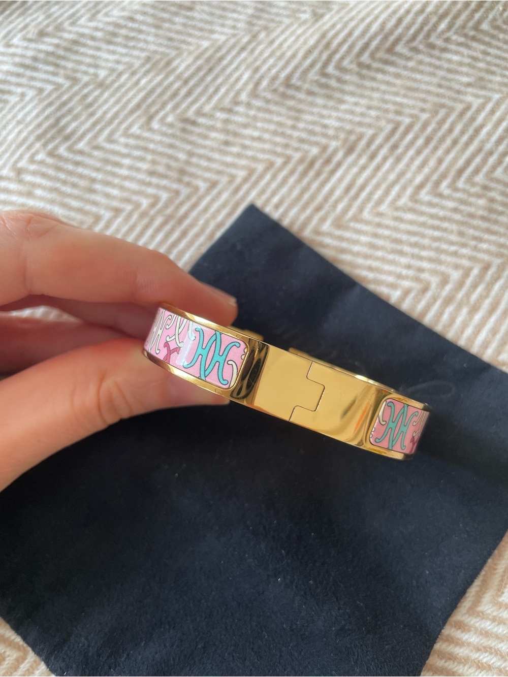 H inspired Gold & Pink Enamel H H Cuff Bracelet - Picture 3 of 7